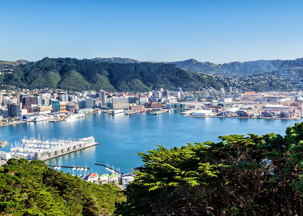 The central business district and harbor in Wellington, New Zealand.