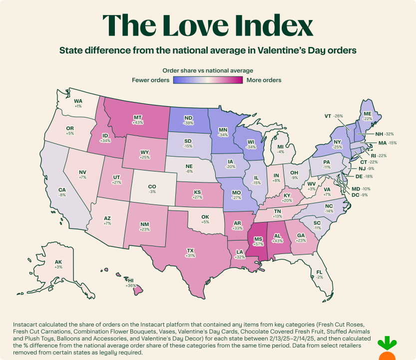 A data map of the US showing state difference from the national average in Valentine's Day orders.