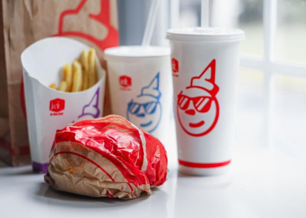 A burger, fries and drinks from Jack in the Box.