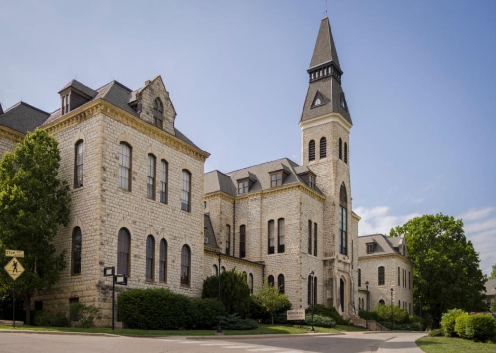 A beautiful historic white stone building at Kansas State.