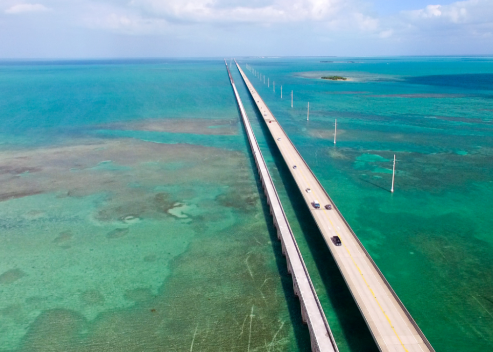A bridge over turquoise water.