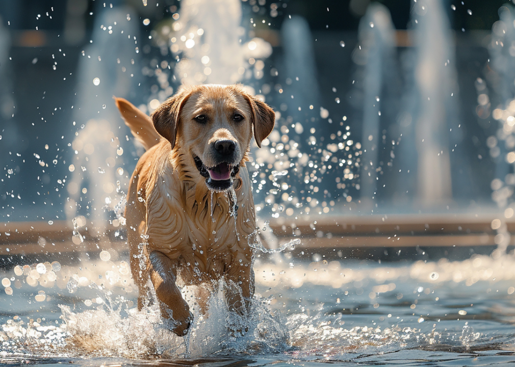 A yellow lab running and splashing through shallow water in a public fountain.