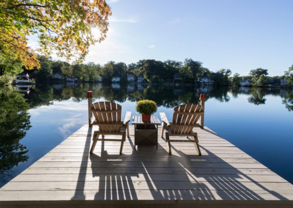 Chairs on a dock with homes across the water.