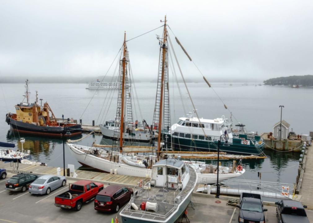 #48. Maine Maritime Academy Waterfront scene with portside view of Arctic Schooner Bowdoin, a tall ship at Maine Maritime Academy.