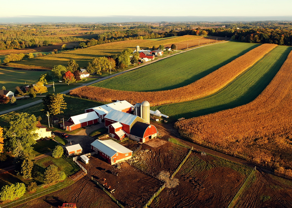 An aerial view of Wisconsin farm in autumn.