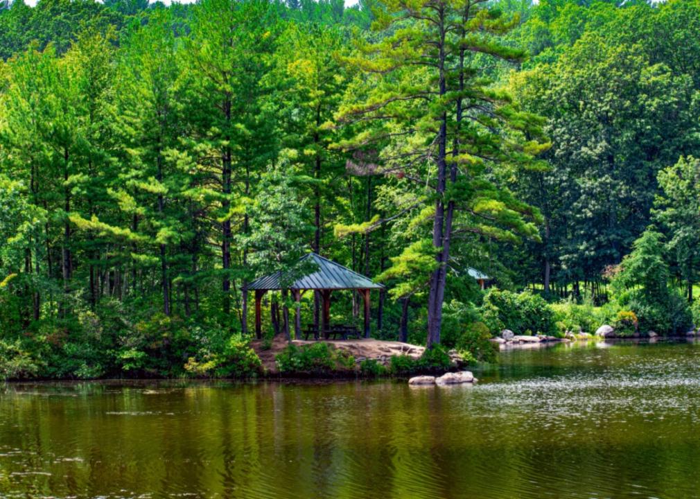 A gazebo near the water.