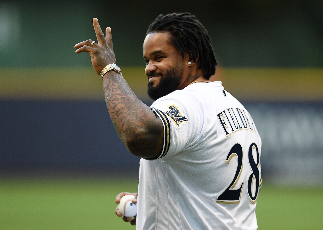 Prince Fielder waves the crows in Milwaukee.