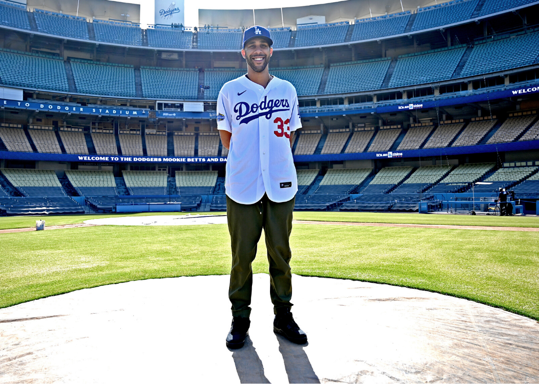 David Price poses for a photo at Dodger Stadium.