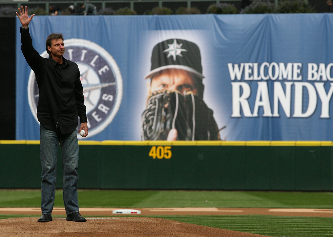 Randy Johnson waves to the crowd in Seattle.