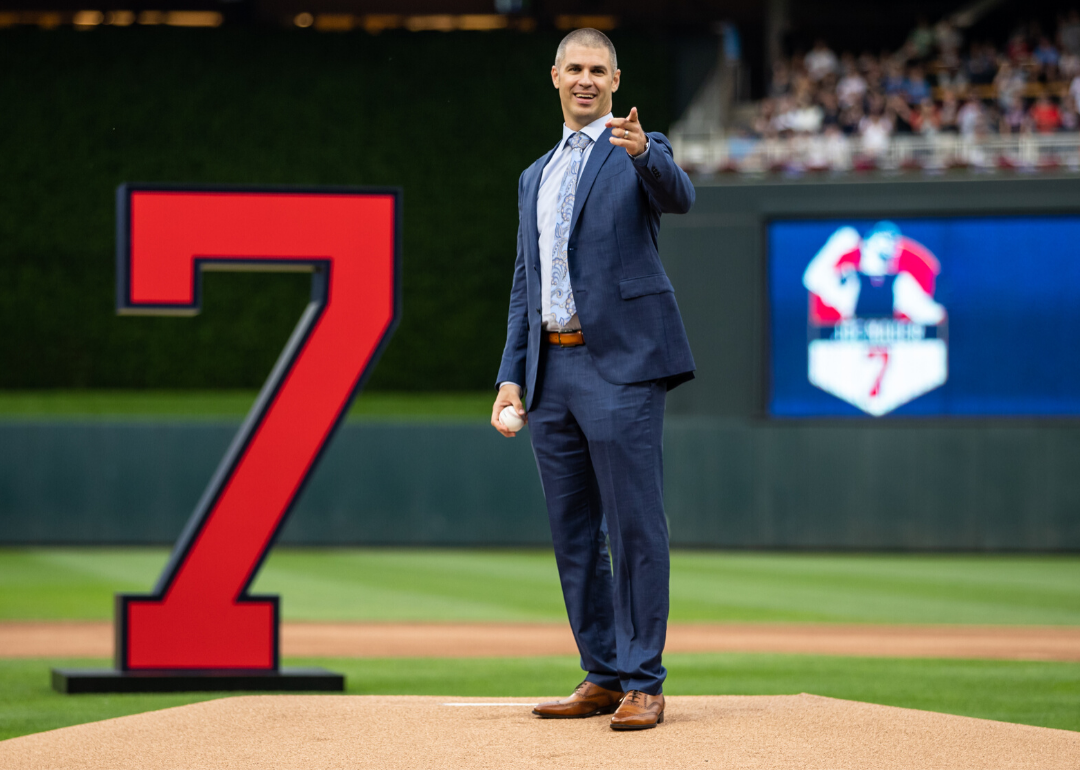Joe Mauer gets ready to throw out a ceremonial first pitch.