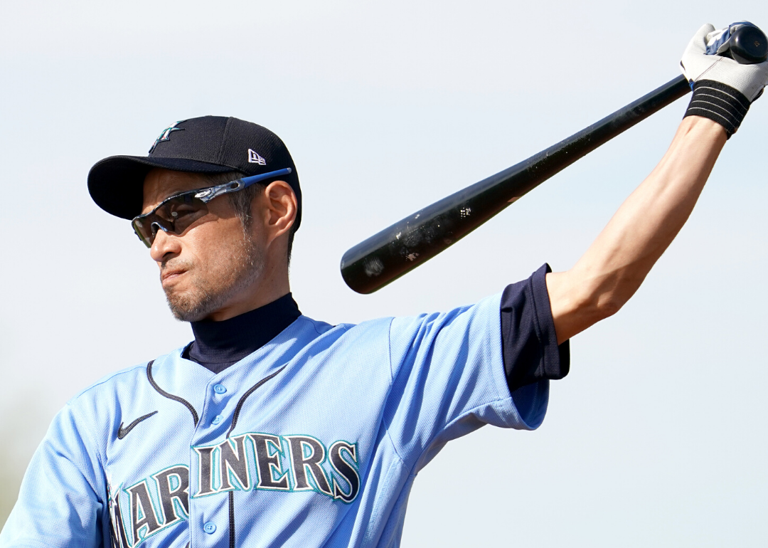 Ichiro Suzuki takes a practice swing.