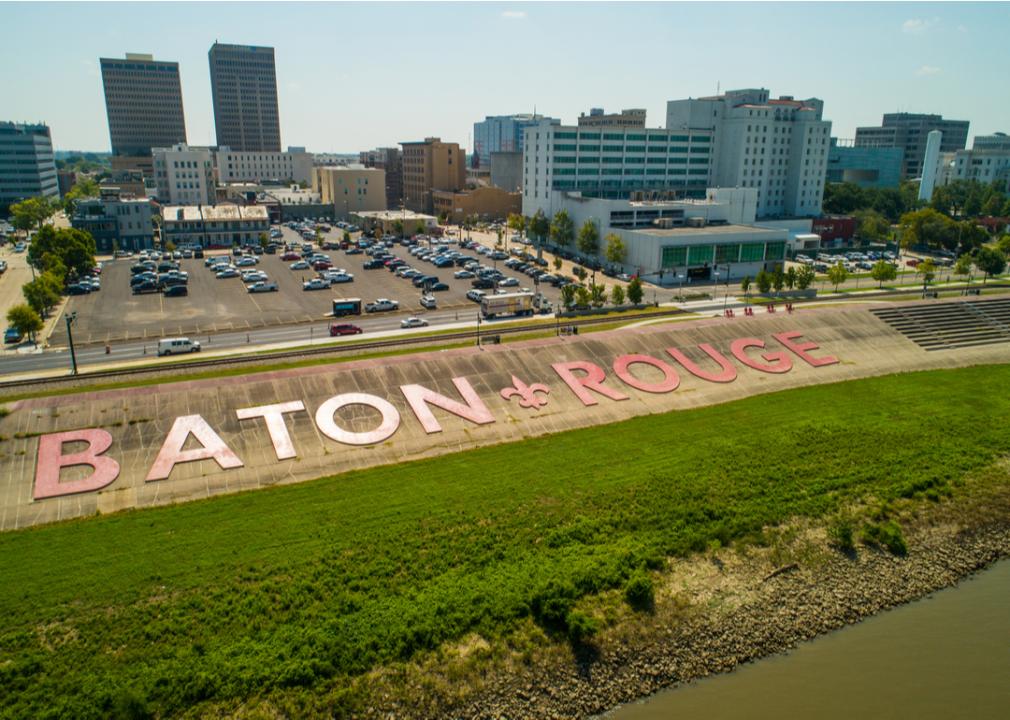 An aerial view of Downtown Baton Rouge near the Mississippi River