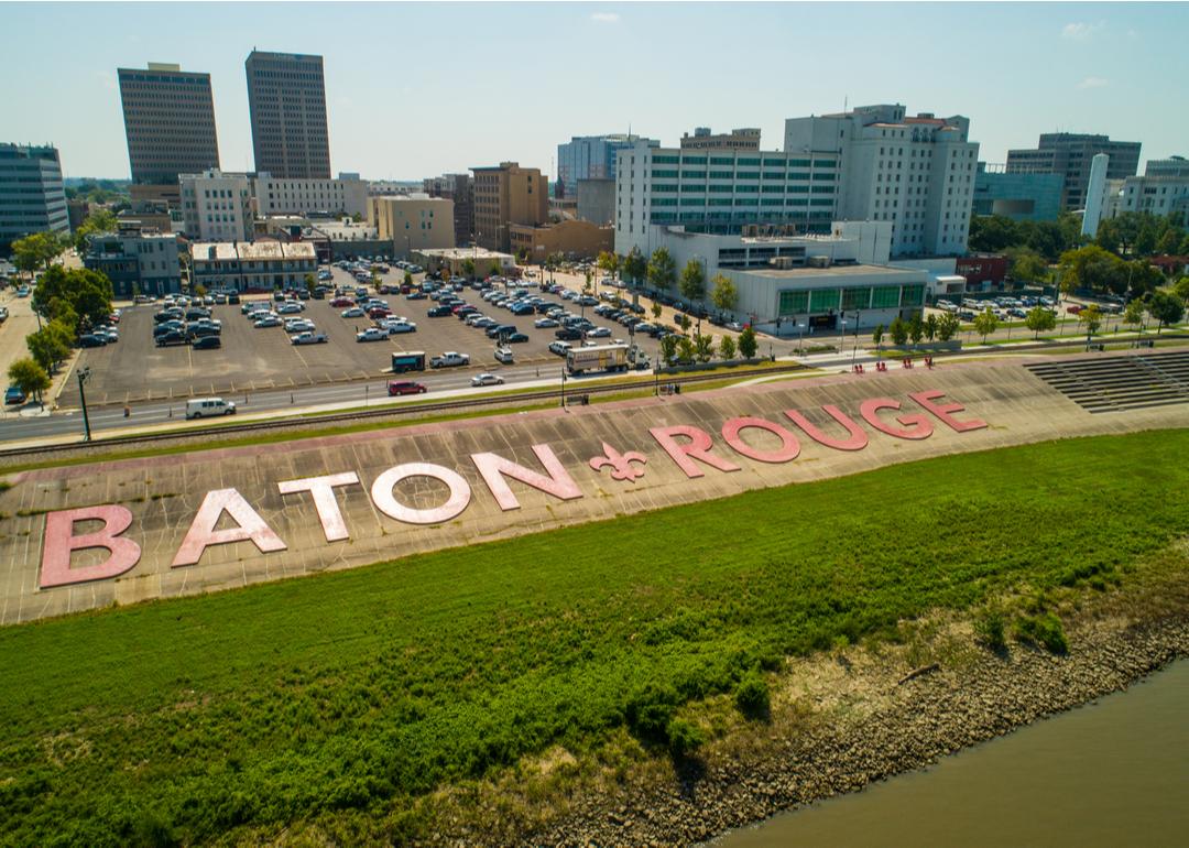 An aerial view of Downtown Baton Rouge near the Mississippi River.