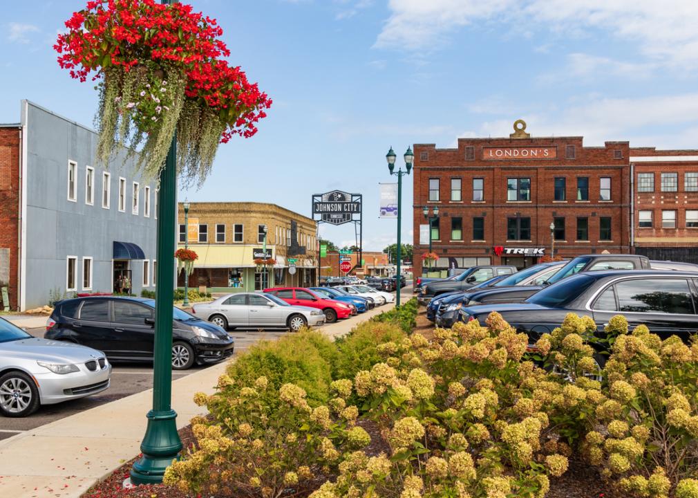 Cars parked along the street in Johnson City, Tennessee.