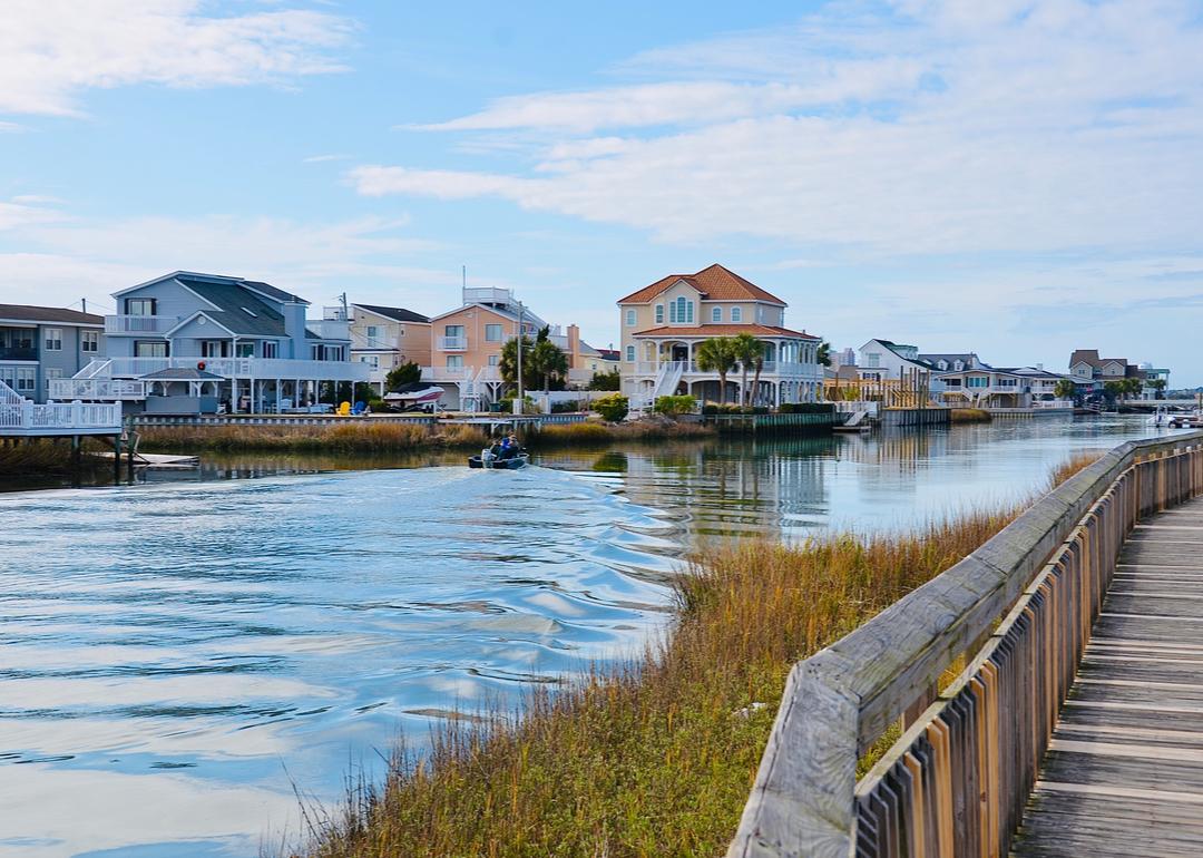 A scenic river view and waterfront houses, in North Myrtle Beach in South Carolina.