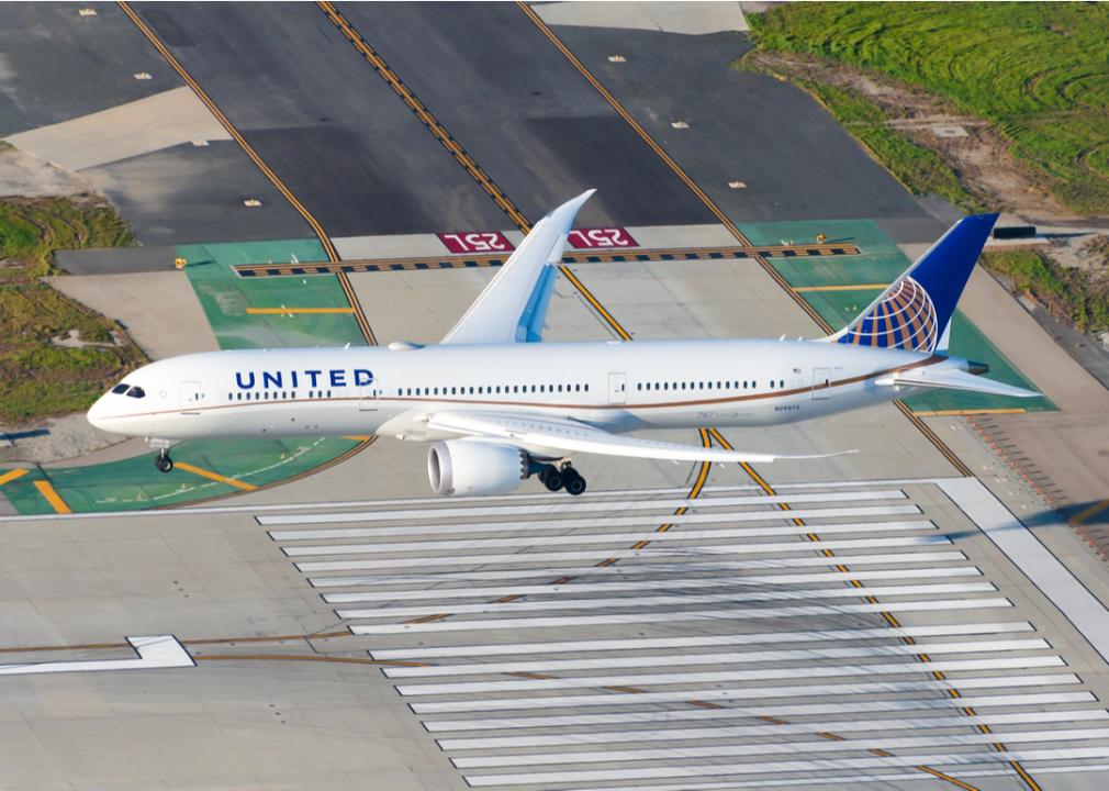 A United Airlines Boeing 787 Dreamliner on its final approach to LAX International Airport