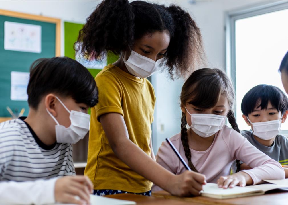 A group of diverse, young students wearing medical masks in the classroom