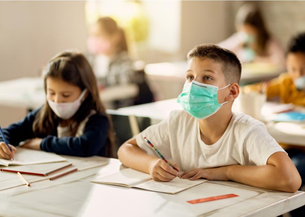 Two elementary students taking a test in their classroom while wearing protective face masks