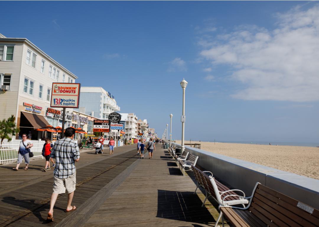 Pedestrians strolling on a boardwalk in Ocean City.