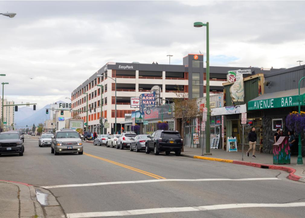A view of local bars, traffic, and businesses on 4th Avenue in downtown Anchorage, Alaska