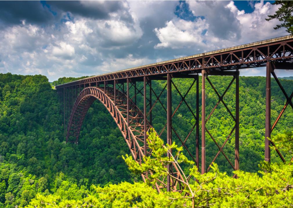 The New River Gorge Bridge, as seen from the Canyon Rim Visitor Center in Overlook, West Virginia