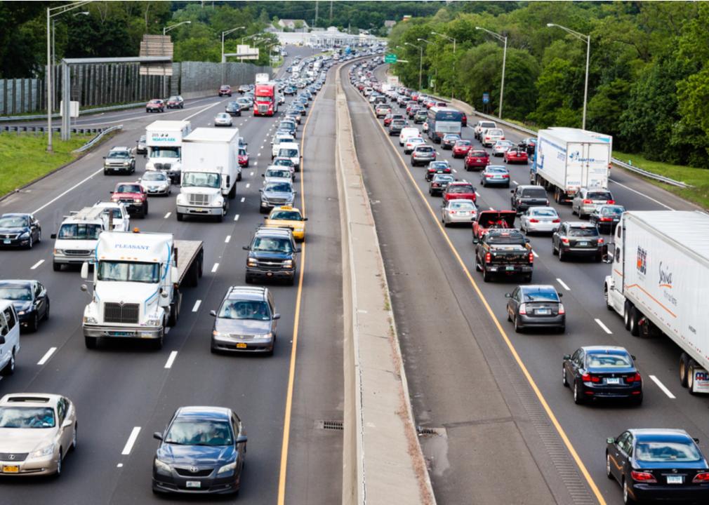 Heavy traffic on an interstate highway in Stamford, Connecticut