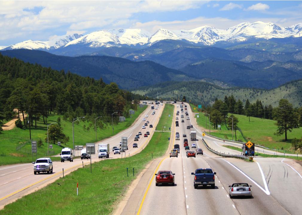 Traffic going towards the Rocky Mountains in Denver, Colorado