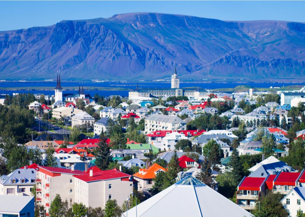 A super wide-angle aerial view of Reykjavik, Iceland