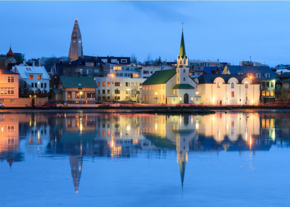Beautiful reflection of the cityscape of Reykjavik in Lake Tjornin