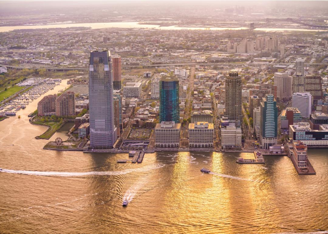 An aerial view of Jersey City at sunset.