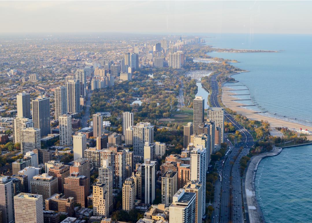 An aerial view of Chicago and Lake Michigan.
