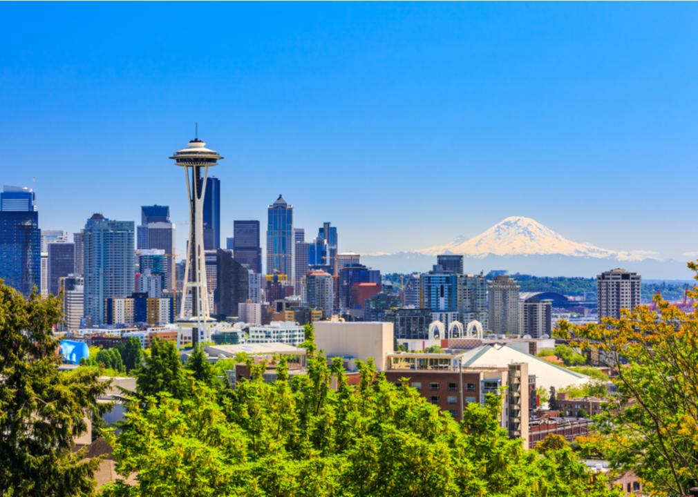 The downtown Seattle skyline and Mount Rainier in Washington