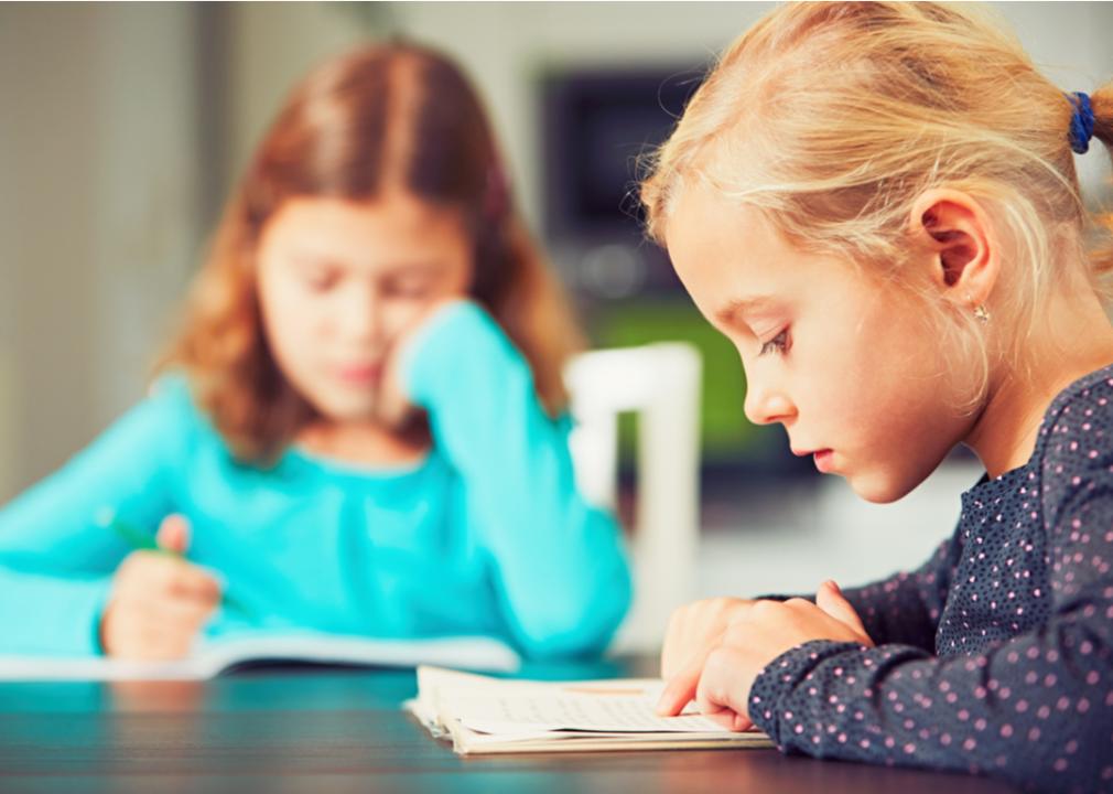 Two young girls reading school books