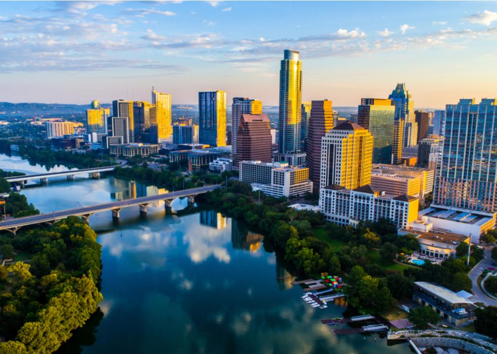 An aerial view of Austin, Texas, and Lady Bird Lake