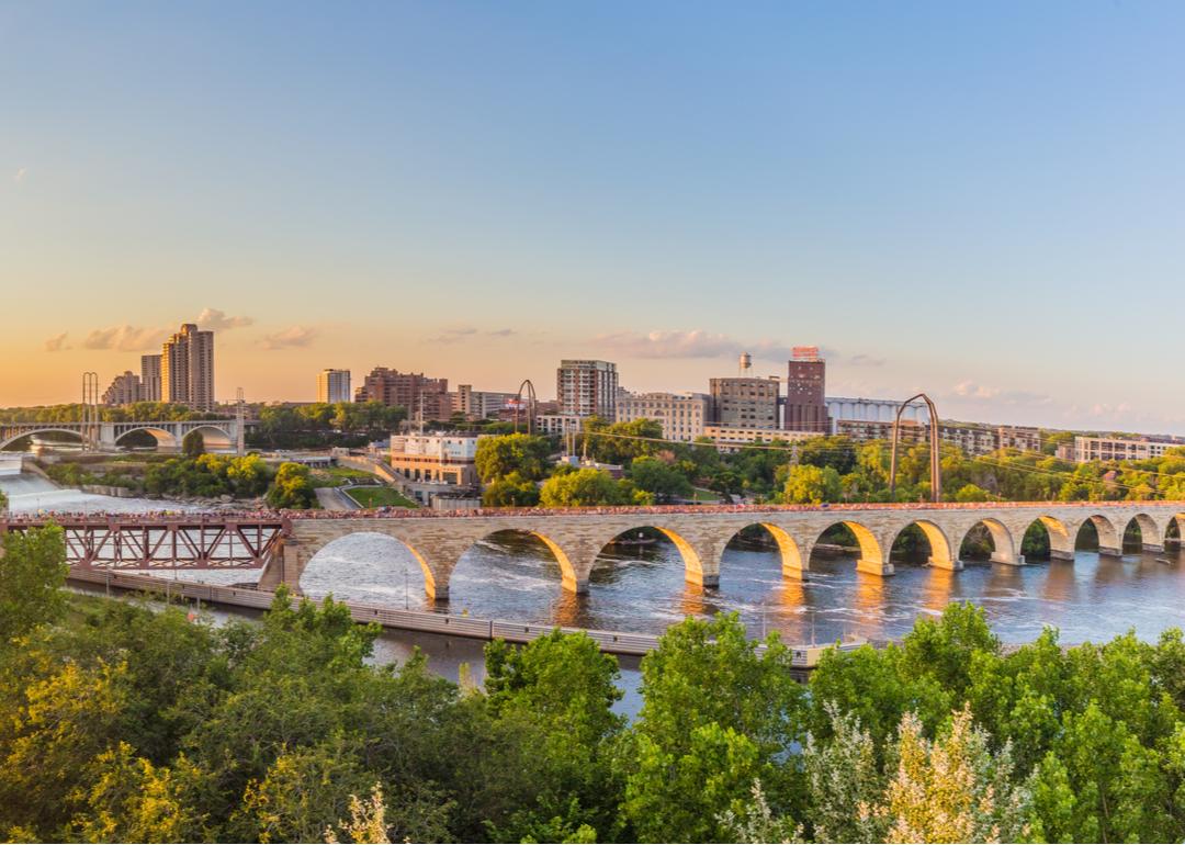 Minneapolis, Minnesota, at sunset on the Mississippi River.