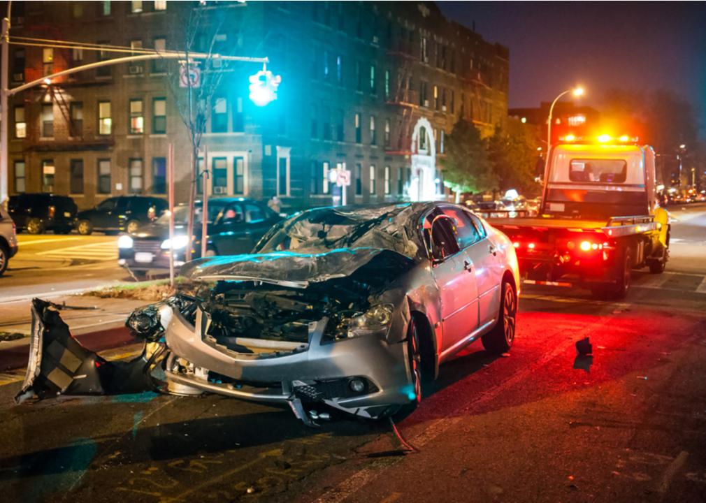 A car crash at night in a city