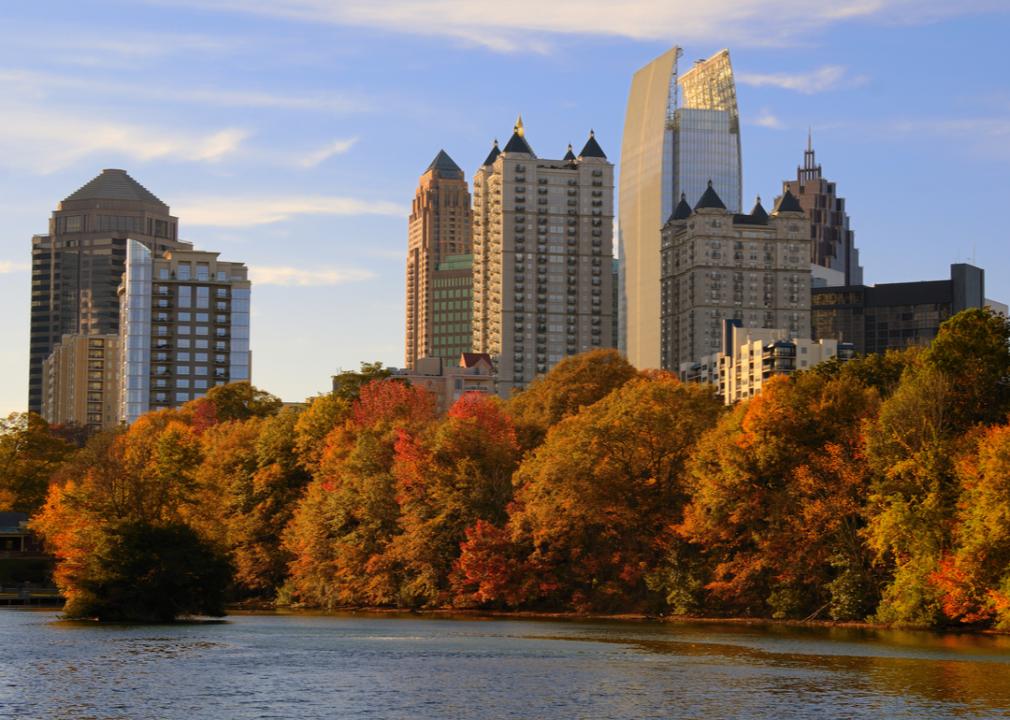 A view of Atlanta's skyline from Lake Meer in Piedmont Park.