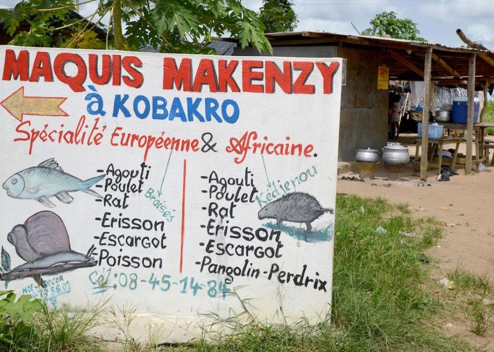 The sign of a "maquis," a small African restaurant, in Kobakro, outside Abidjan, which serves bushmeat. 