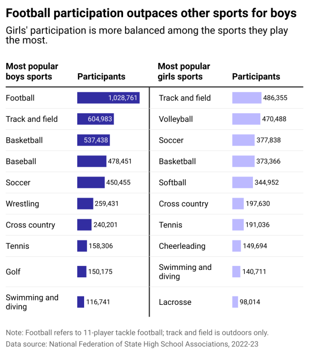 Data table showing football participation outpaces other sports for boys. The most popular sports for high school girls have less dramatic variation in participation statistics.