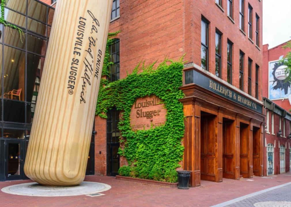 The exterior of the Louisville Slugger Museum, which has a several storey high wooden baseball bat out front.