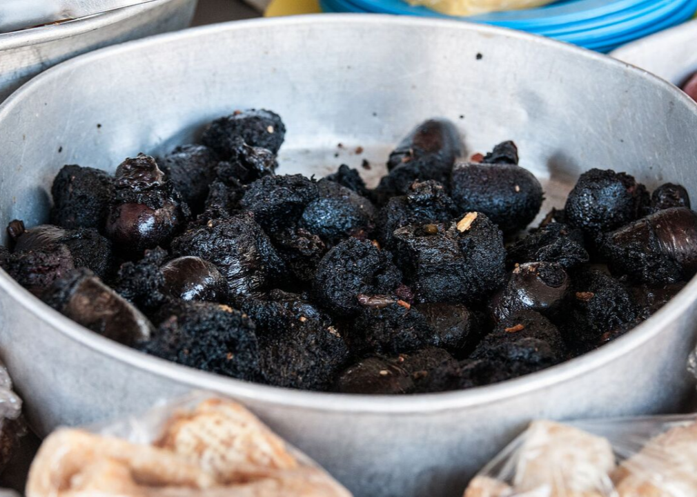 A bowl of black pudding.