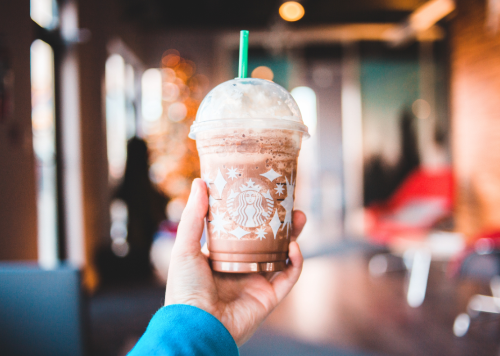 A person holding up a frozen Starbucks drink.