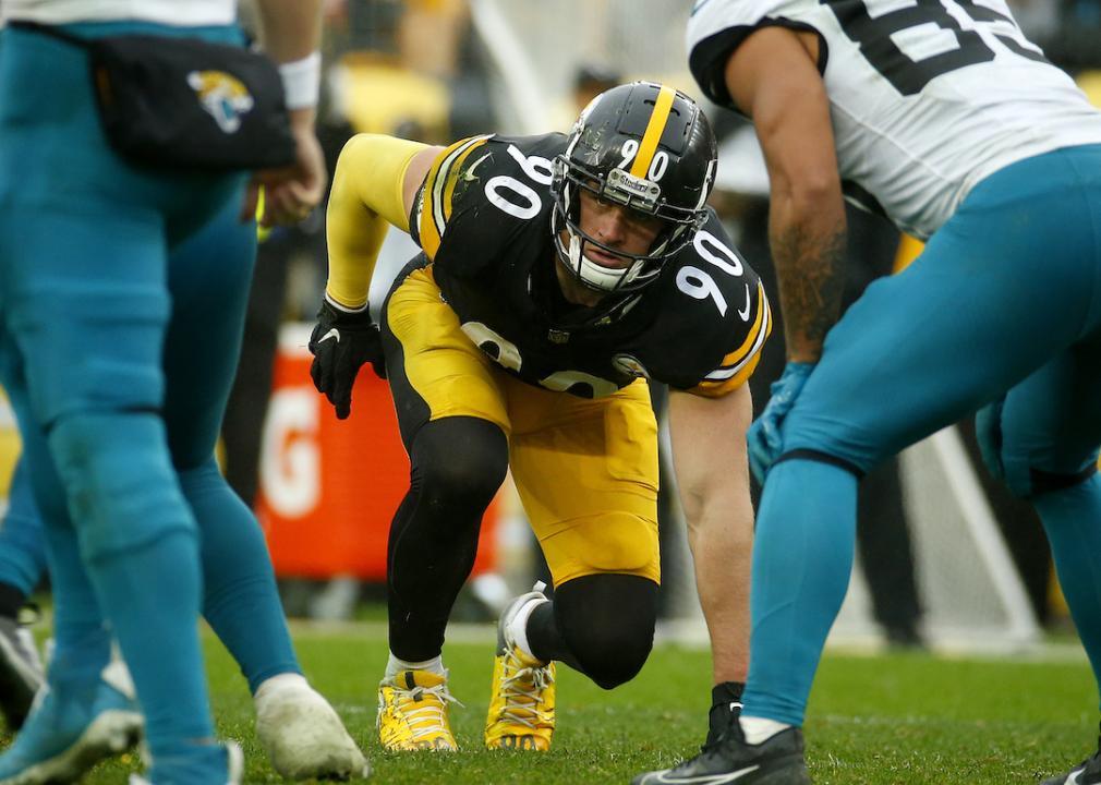 T.J. Watt of the Pittsburgh Steelers in action against the Jacksonville Jaguars on Oct. 28, 2023 at Acrisure Stadium in Pittsburgh, Pennsylvania.