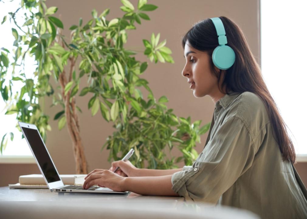 Students working at desks.