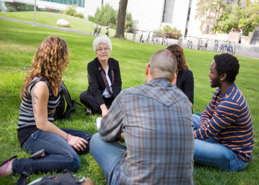 Students and a teacher sitting on a lawn.