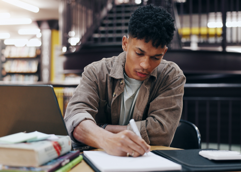 A man studying in a library.
