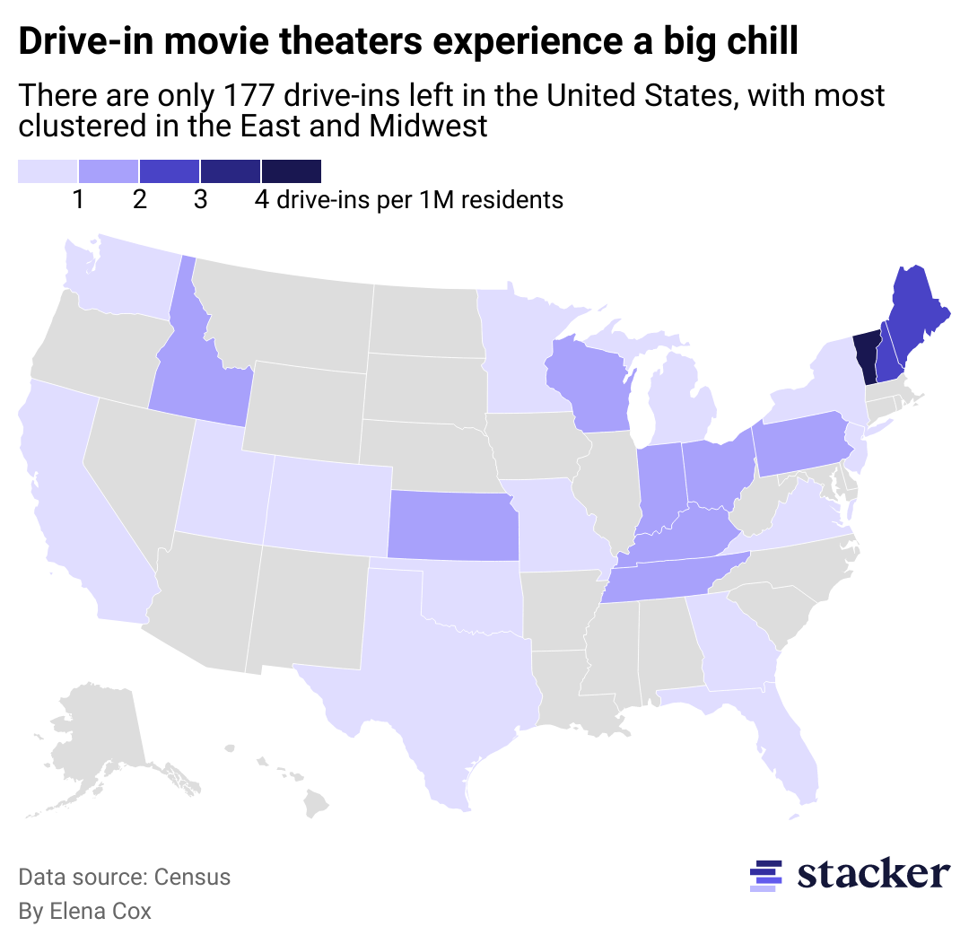 A map showing the number of drive-in movie theaters per 1 million residents.