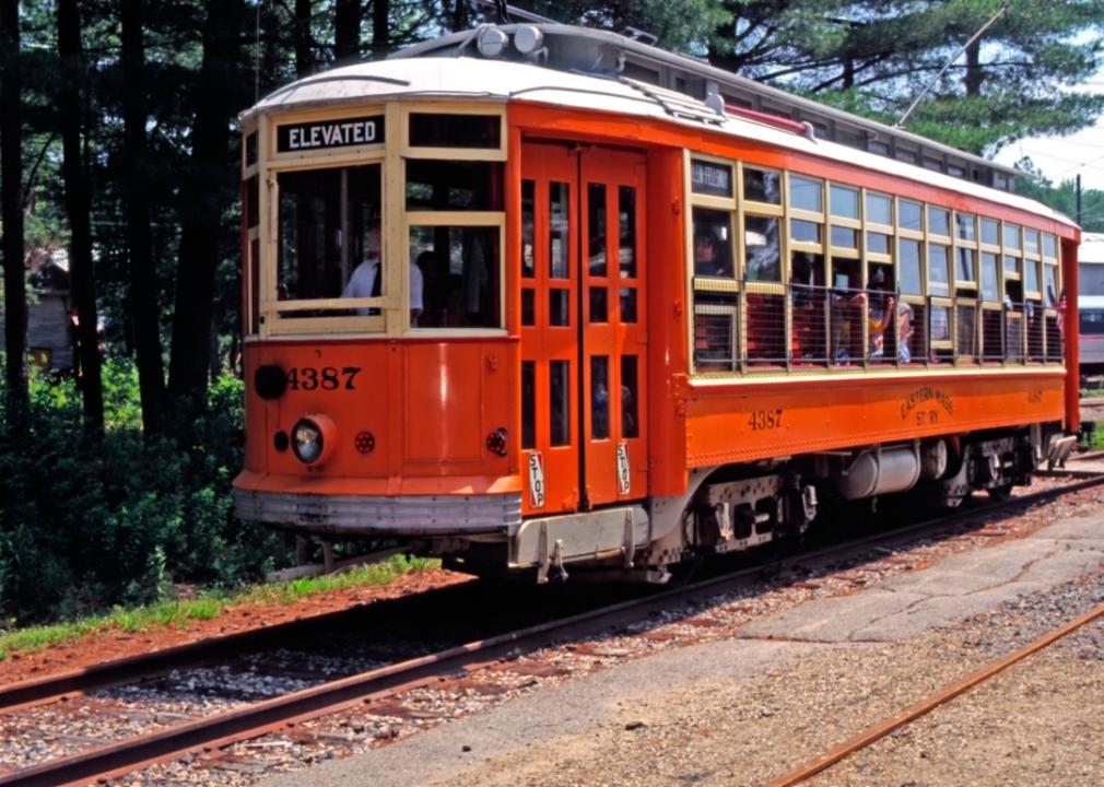 The Seashore Trolley Museum, which features a bright red trolley outside.