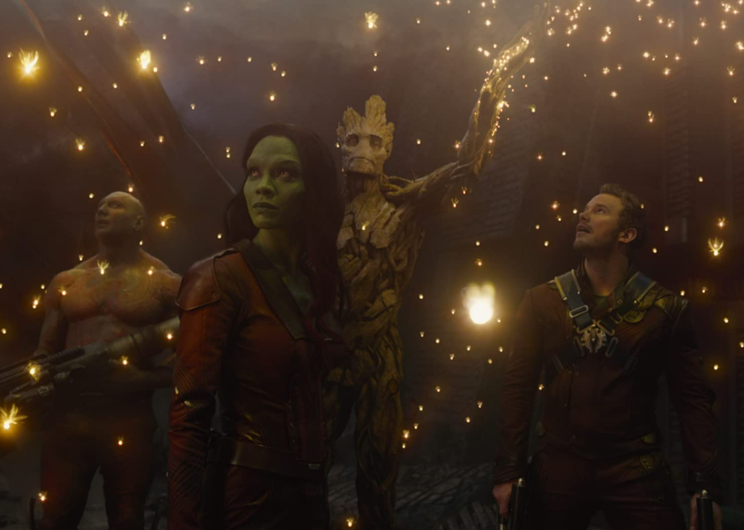 Vin Diesel, Chris Pratt, Zoe Saldana, and Dave Bautista in Guardians of the Galaxy.