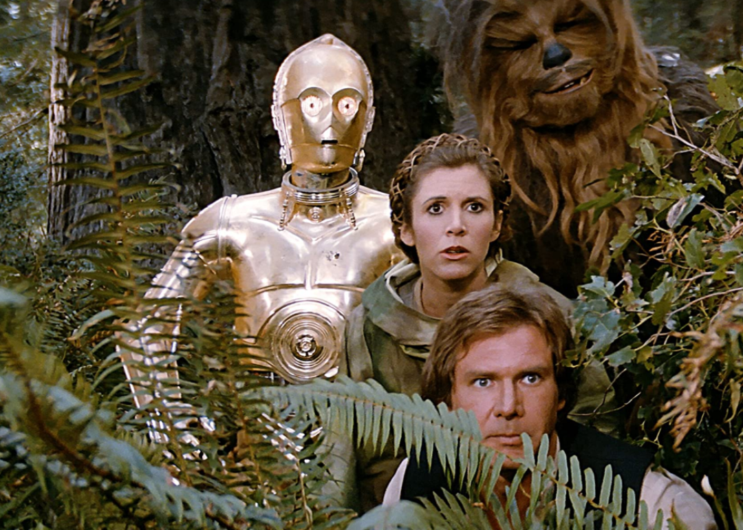 Harrison Ford, Anthony Daniels, Carrie Fisher, and Peter Mayhew in Star Wars: Episode VI - Return of the Jedi.